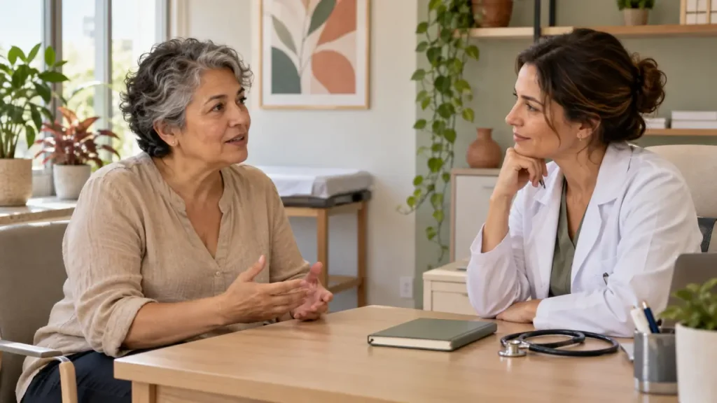 Mulher conversa com médica durante uma consulta em um consultório.