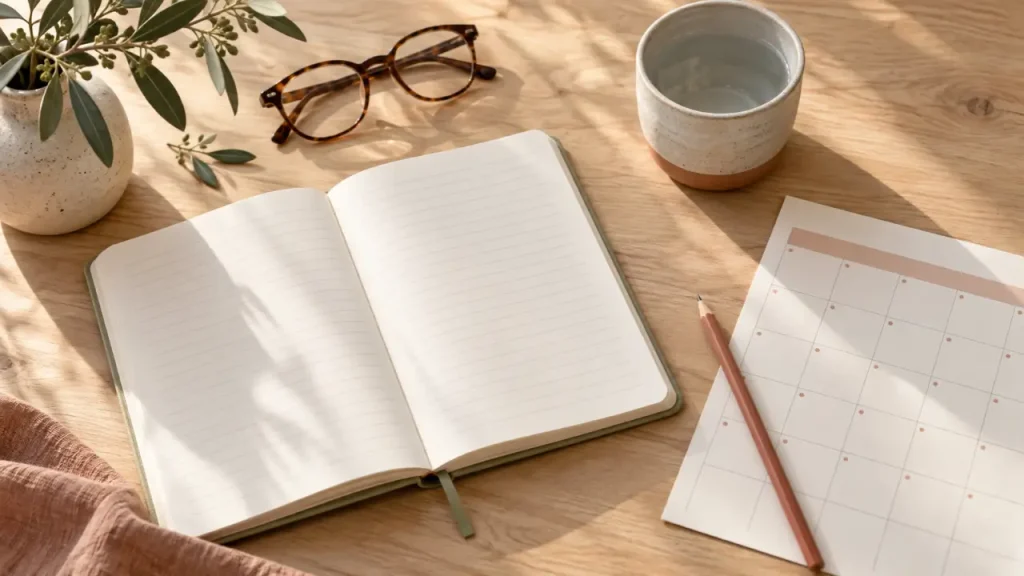Caderno aberto, calendário e óculos sobre uma mesa iluminada pela luz natural.