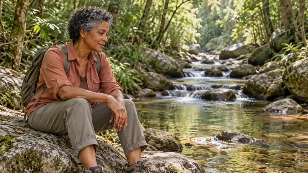O silêncio interior desaparece - Mulher madura faz uma pausa sentada junto a um riacho na mata.