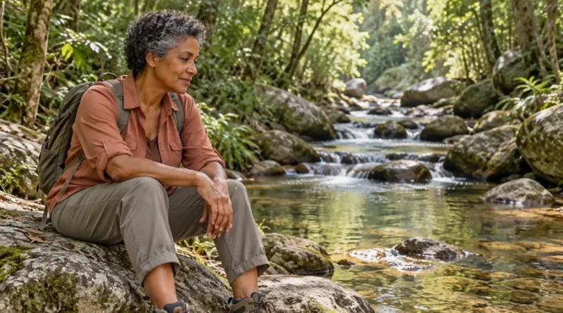 O silêncio interior desaparece - Mulher madura faz uma pausa sentada junto a um riacho na mata.