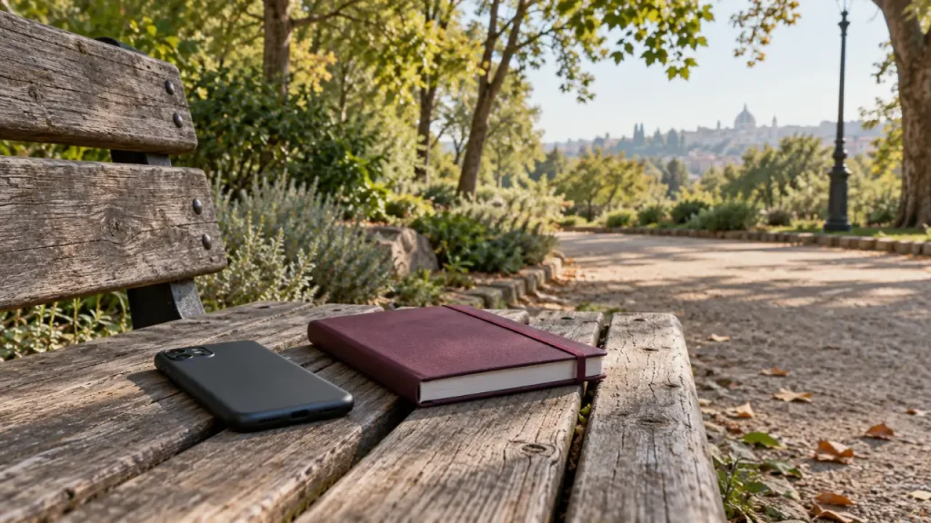 Celular virado para baixo e caderno fechado sobre um banco de parque.
