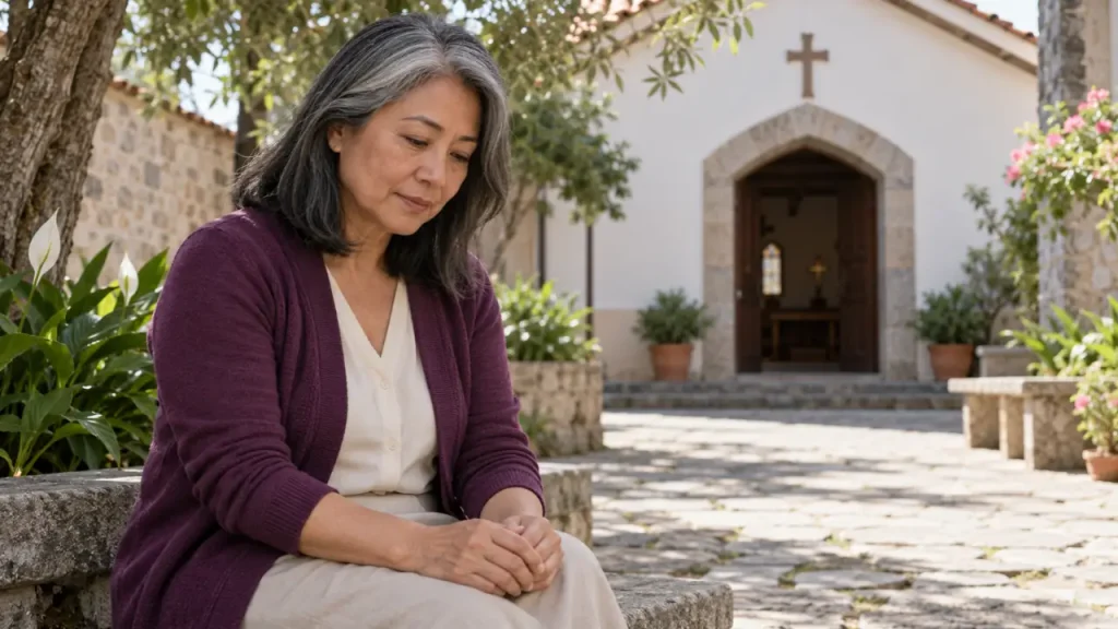 Mulher madura sentada em um pátio arborizado diante de uma pequena igreja.