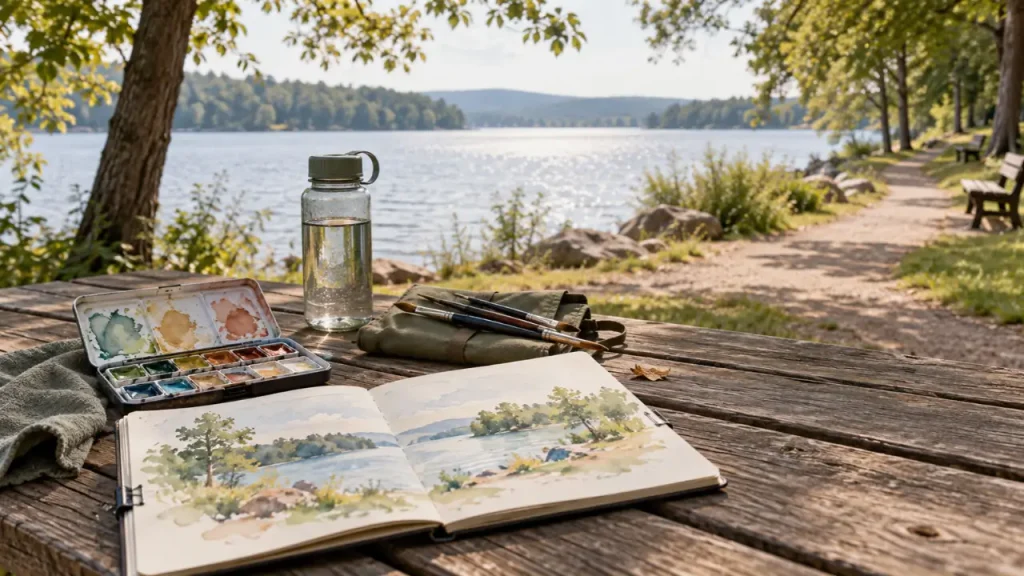 Aquarelas, pincéis e caderno de pintura sobre uma mesa à beira de um lago.
