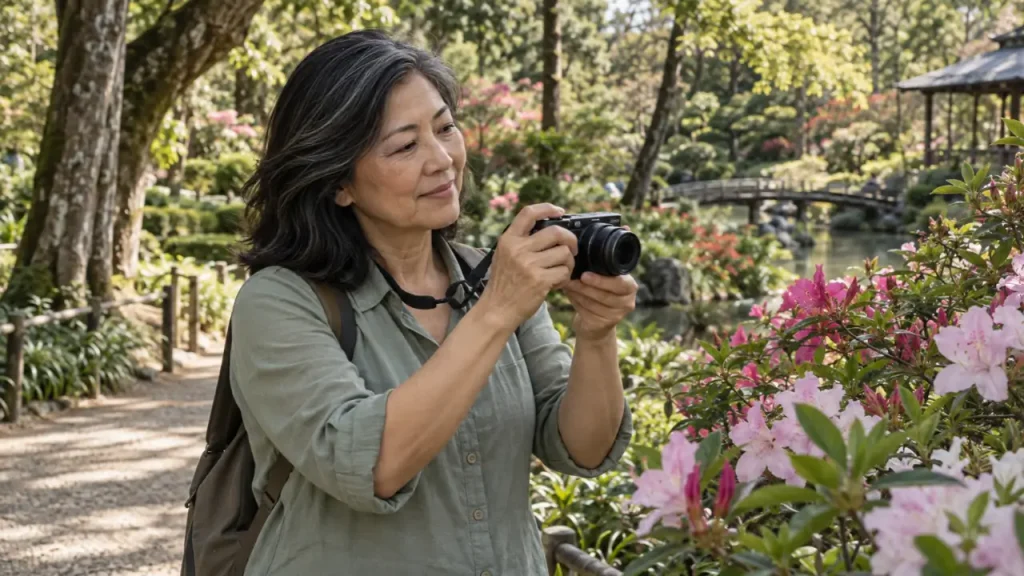 Mulher madura fotografa flores em um jardim arborizado.