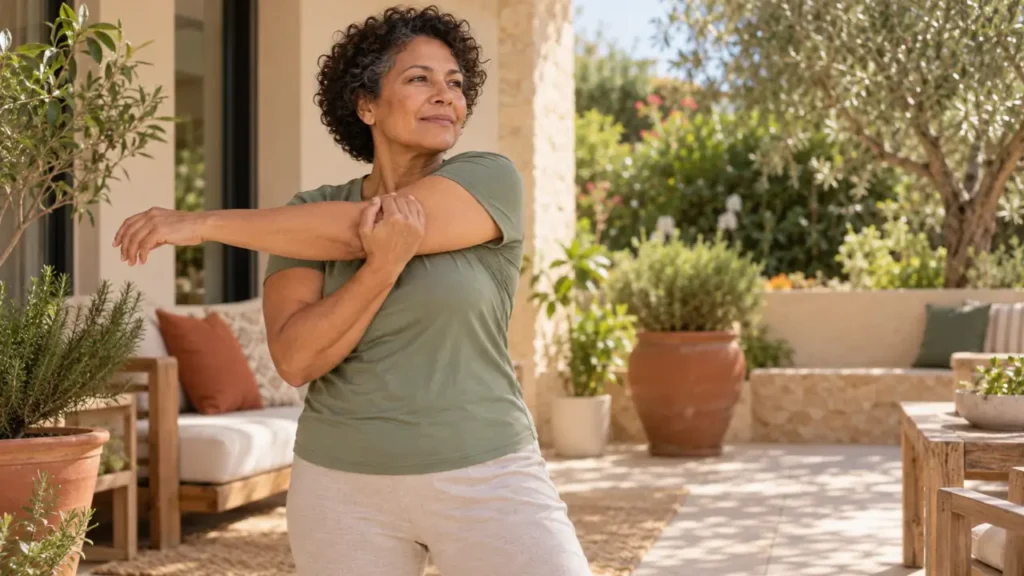 Por que a menopausa muda tanto o nosso corpo? - Mulher madura alonga os braços em uma varanda iluminada.
