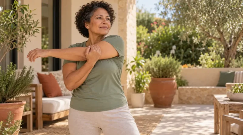 Por que a menopausa muda tanto o nosso corpo? - Mulher madura alonga os braços em uma varanda iluminada.