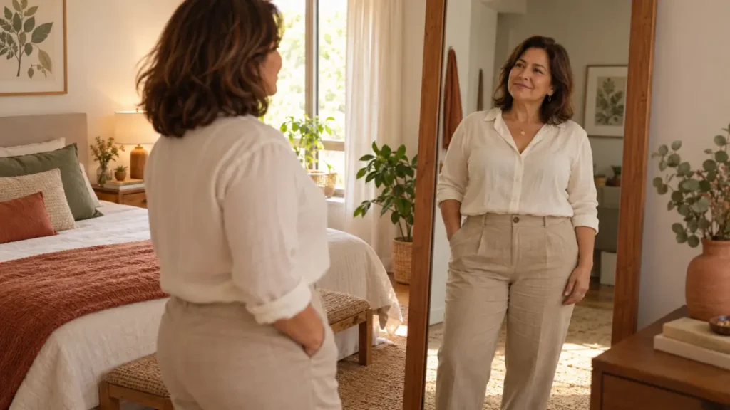 Por que não consigo aceitar meu corpo na menopausa - Mulher madura observa seu reflexo em um espelho no quarto.