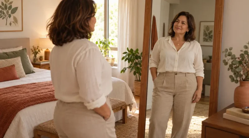Por que não consigo aceitar meu corpo na menopausa - Mulher madura observa seu reflexo em um espelho no quarto.