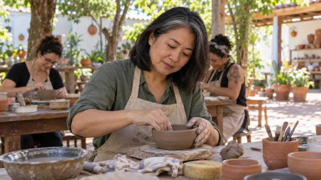 Mulher madura modela uma peça de cerâmica em uma oficina ao ar livre.