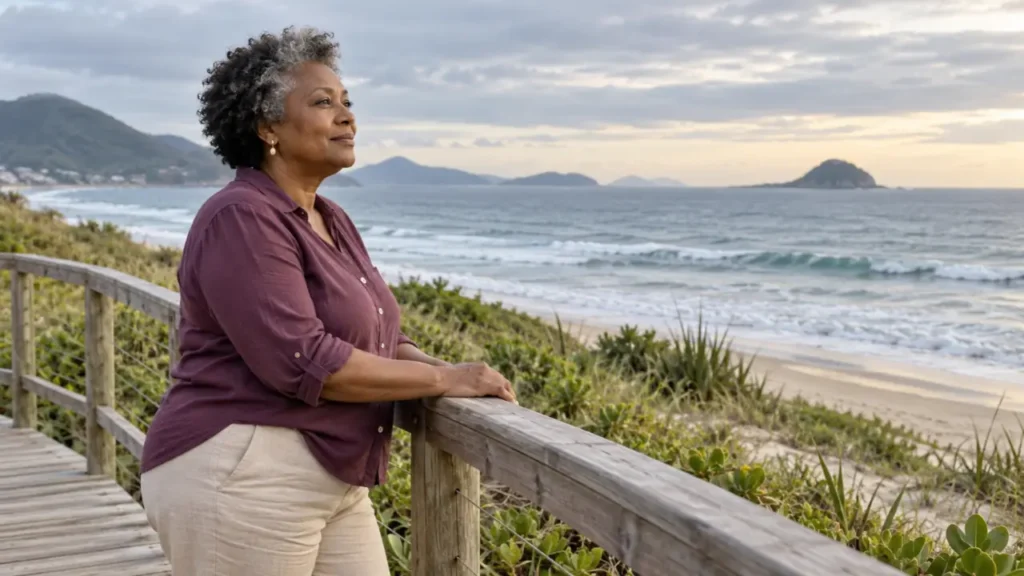 Vazio na menopausa - Mulher madura observa o mar apoiada no corrimão de uma passarela.