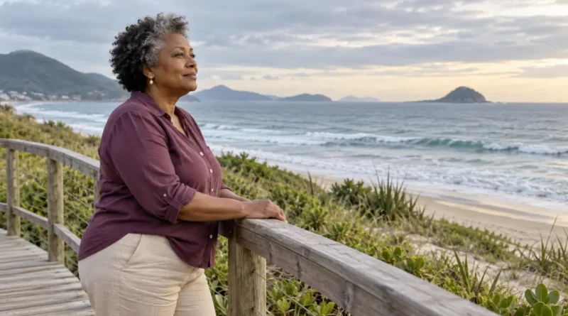 Vazio na menopausa - Mulher madura observa o mar apoiada no corrimão de uma passarela.